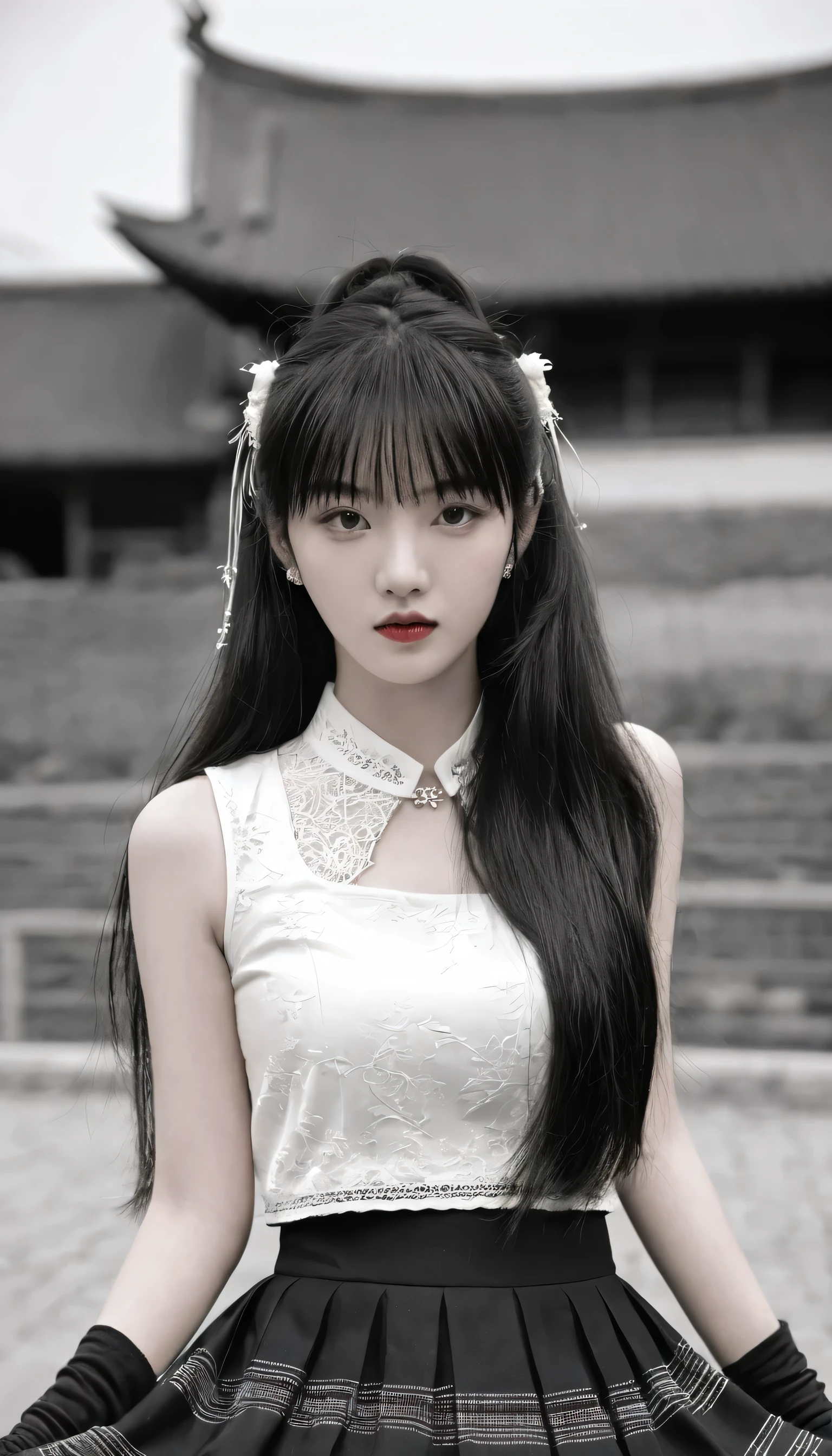 Lin Mingmei, 1 Girl, Solitary, monochrome, Weaving, Looking at the audience, skirt, Long hair, traditional media, sign, Bangs, cosmetic, own hands, Black Hair, Upper Body, Lipstick, Drilling hair, Artist Name, twin Weavings, Bridal Gloves, sleeveless