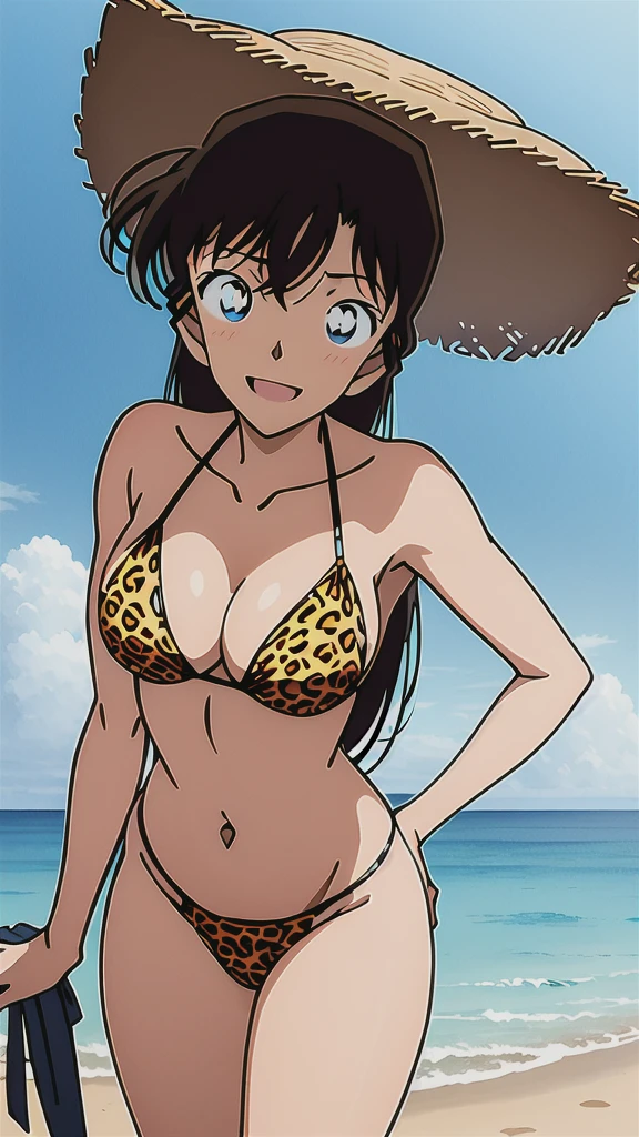 (masterpiece, 4K, Highest quality, anime style: 1.9, Detailed face, Lovely, Ocean,Bold, High resolution, anime, alone, Curvaceous, Thighs, Cleavage, Center of chest, smile, Please open your mouth wide, Very slim belly, Cowboy Shot,Leopard print bikini,1 Girl, Detective Conan,Maorilan