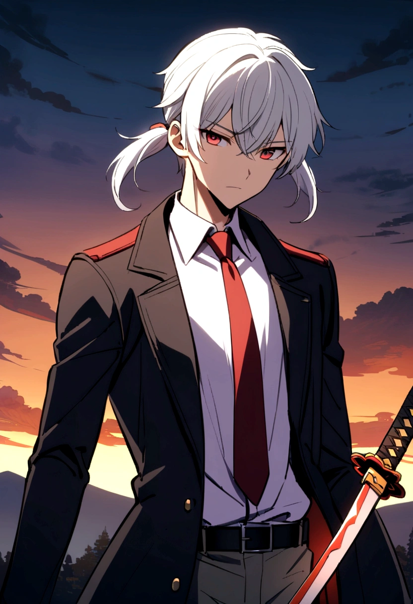 An anime boy with girly hair and girly looks with white hair and purple tips and red eyes , short ,in a black coat ,pants,tie with a white shirt , like a public safety devil hunter, two bangs from sides that reach chest the middle-front hair should reach nose , and the back hairs that reach shoulders, standing , staring at the camera , unsheling a katana black katana , red blade of katana , on top of a hill , in evening ,orange sky , 