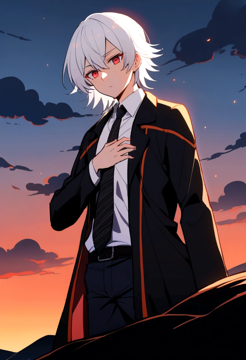 An anime boy with girly hair and girly looks with white hair and purple tips and red eyes , short ,in a black coat ,pants,tie with a white shirt , like a public safety devil hunter, two bangs from sides that reach chest the middle-front hair should reach nose , and the back hairs that reach shoulders, standing , staring at the camera , unsheling a katana black katana , red blade of katana , on top of a hill , in evening ,orange sky ,