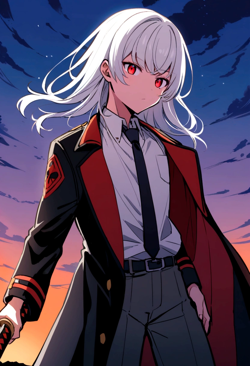 An anime boy with girly hair and girly looks with white hair and purple tips and red eyes , short ,in a black coat ,pants,tie with a white shirt , like a public safety devil hunter, two bangs from sides that reach chest the middle-front hair should reach nose , and the back hairs that reach shoulders, standing , staring at the camera , unsheling a katana black katana , red blade of katana , on top of a hill , in evening ,orange sky ,
