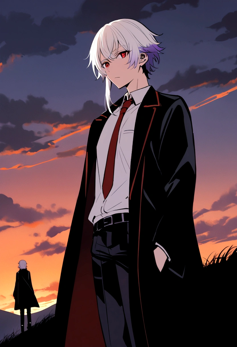 An anime boy with girly hair and girly looks with white hair and purple tips and red eyes , short ,in a black coat ,pants,tie with a white shirt , like a public safety devil hunter, two bangs from sides that reach chest the middle-front hair should reach nose , and the back hairs that reach shoulders, standing , staring at the camera , unsheling a katana black katana , red blade of katana , on top of a hill , in evening ,orange sky , 