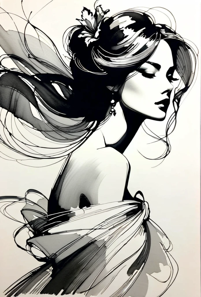 Elegant maiden,black and whiteink画,pen sketch drawing,Loose brushstrokes,Pen outlines delicate lines,flowing action,Subtle ink tones,elegant posture,A peaceful expression,Delicate facial features,ink,Smudge,black and white,clean