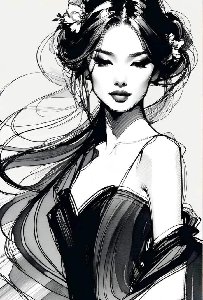 Elegant maiden，black and whiteink画，pen sketch drawing，Loose brushstrokes，Pen outlines delicate lines，flowing action，Subtle ink tones，elegant posture，A peaceful expression，Delicate facial features，ink，Smudge，black and white，clean