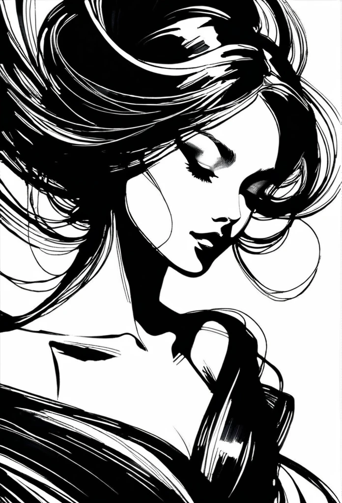Elegant maiden,black and whiteink画,pen sketch drawing,Loose brushstrokes,Pen outlines delicate lines,flowing action,Subtle ink tones,elegant posture,A peaceful expression,Delicate facial features,ink,Smudge,black and white,clean
