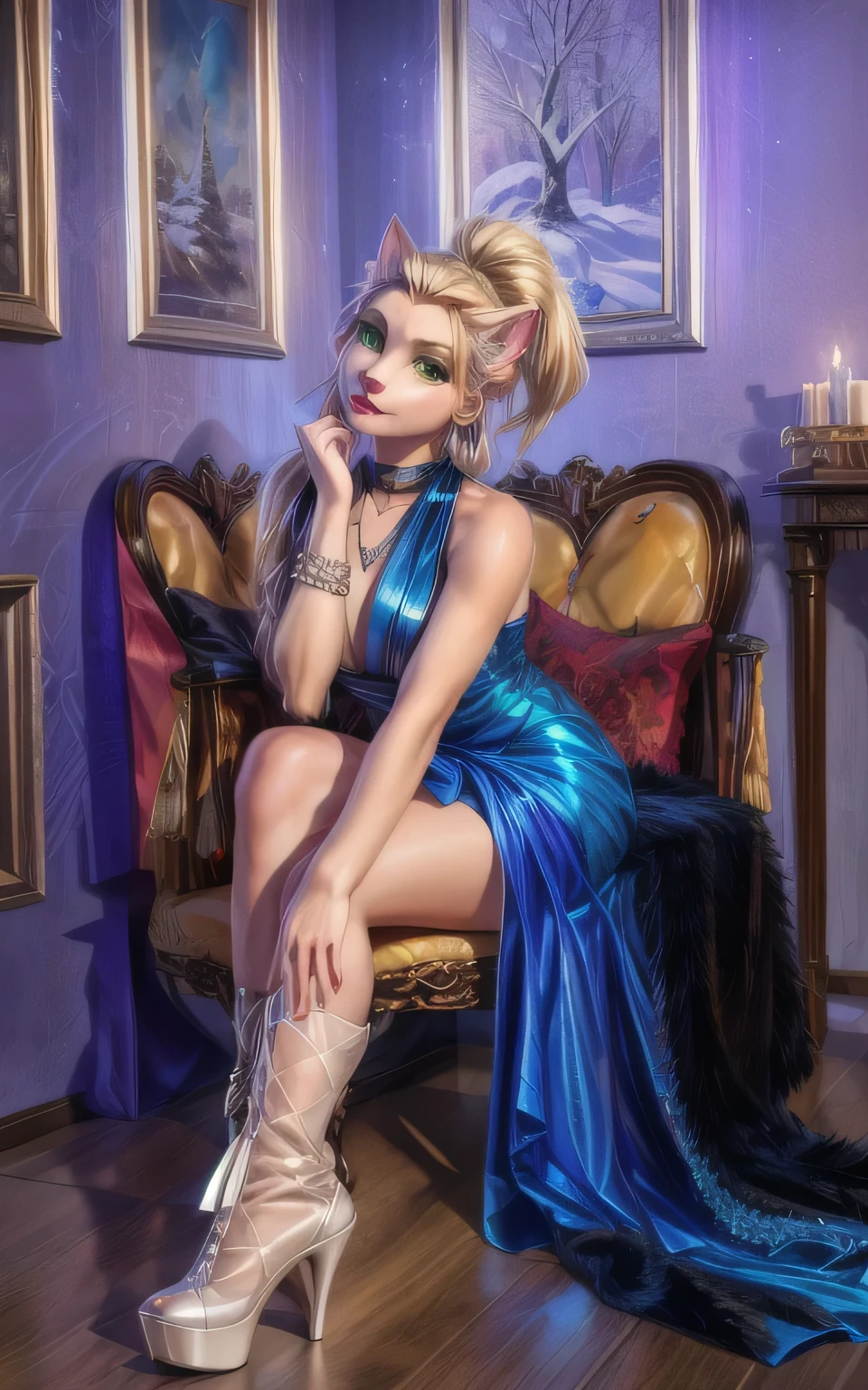 UHD 8k, HDR+, cute blonde anthro female Cat with a necklace, large piercing green eyes, huge earrings, giant earrings, blonde with pigtails, fluffy cat with a snow-white fluffy tail, Black leather high heel boots, High heels, Red gothic dress, Against the background of the forest, detailed background, realistic, 1girl, solo girl, 20 year old girl, ultra realistic face, hyperrealistic, hyperdetailed, (looking at viewers), sharpen, detailed face, detailed eyes, detailed lips, red lips, beautiful face, 16k, FHD, raw photo, cute face mesh, pretty face mesh, portrait shot 8 k