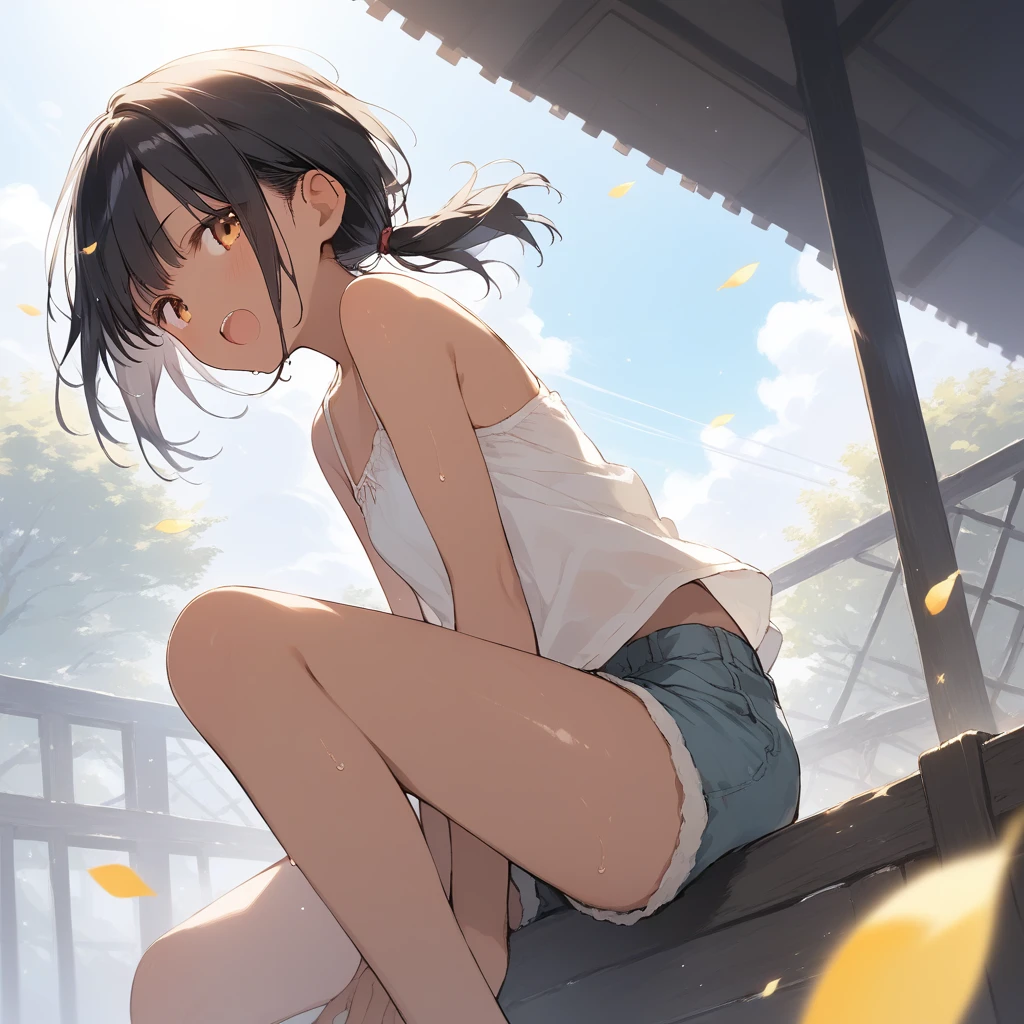 score_9, score_8_up, score_7_up, source_anime, best quality, masterpiece, official art, absurdres, highres, ultra-detailed,waifu2x,Collection: Slice of Life,break,1girl, tomboy, dark-skinned female, short hair, low ponytail, flat chest, beautiful detailed eyes, short shorts, sweat, open mouth, (yawn:0.3), sleepily, outdoors, wind, break,(clear line illustration:1.2),very high resolution, very aesthetic, super detailed skin, Best sexual lighting powered by famous artist, 8k,cute picture,beauty illustration,photoshop_(medium),,(Detailed Lighting),best anime 8k konachan wallpaper, pixiv contest winner,