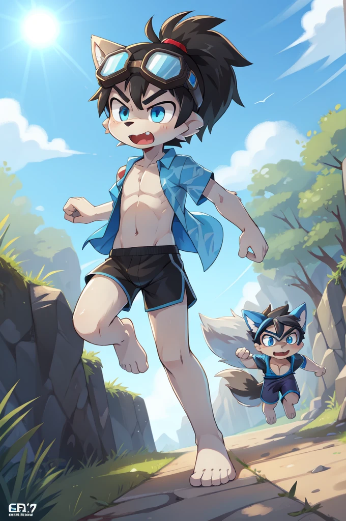 score_9,score_8_up,score_7_up, source_cartoon, source_furry, Furry shota, young, wolf, black hair, long spiky ponytail, blue eyes, detailed body fur, ((goggles, blue hawaiian shirt, ????????????, one shoulder off, black swim trunks)), looking at another, fangs, clear grey body fur, detailed face, big eyebrows, detailed eyes, detailed body, detailed body fur, detailed hands, glistering body, shiny body, skinny, uperbody, solo, skinny, running, feet towards viewer, angry expression, glowing blue eyes, outdoors, from above, fight, dynamic action shot, speed lines, motion blur, Birds Eye view, fight, Kick, feet focus,