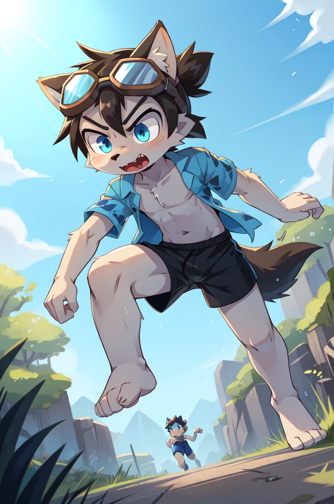 score_9,score_8_up,score_7_up, source_cartoon, source_furry, Furry shota, young, wolf, black hair, long spiky ponytail, blue eyes, detailed body fur, ((goggles, blue hawaiian shirt, open clothes, one shoulder off, black swim trunks)), looking at another, fangs, clear grey body fur, detailed face, big eyebrows, detailed eyes, detailed body, detailed body fur, detailed hands, glistering body, shiny body, skinny, uperbody, solo, skinny, running, feet towards viewer, angry expression, glowing blue eyes, outdoors, from above, fight, dynamic action shot, speed lines, motion blur, Birds Eye view, fight, Kick, feet focus,
