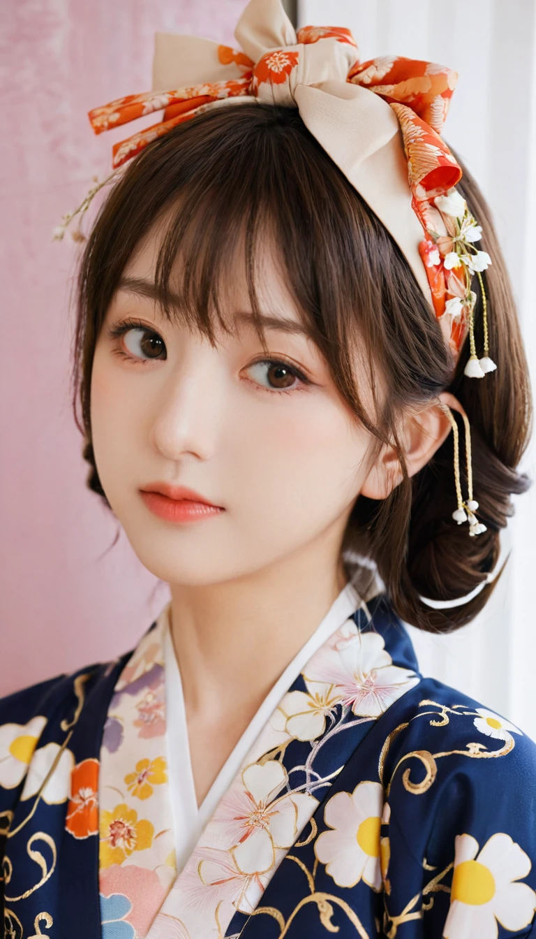 (masterpiece, best quality: 1.2), Solo, 1girl, Tainaka Ritsu, k-on, brown eyes,anime style, ((((ultra illustrated style: 1.0)))),best quality,masterpiece,1girl,((((tainaka ritsu)))), ((((k-on)))), brown eyes, brown hair, hairband, short hair, female, {{{{{{heart-shaped pupils}}}}}}, beautiful detailed kimono, japanese pattern print, floral print
