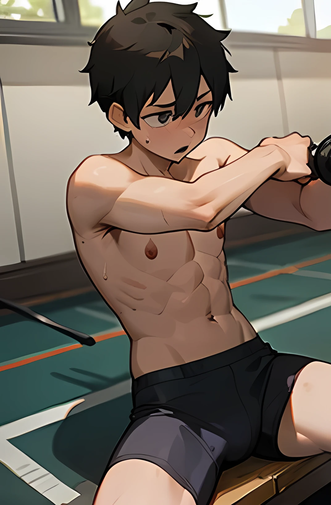 Boy, without shirt, bruised, sweaty, training, morning, exercise 