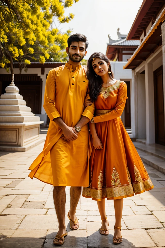 Create an image of couple wearing saffron dress at temple
