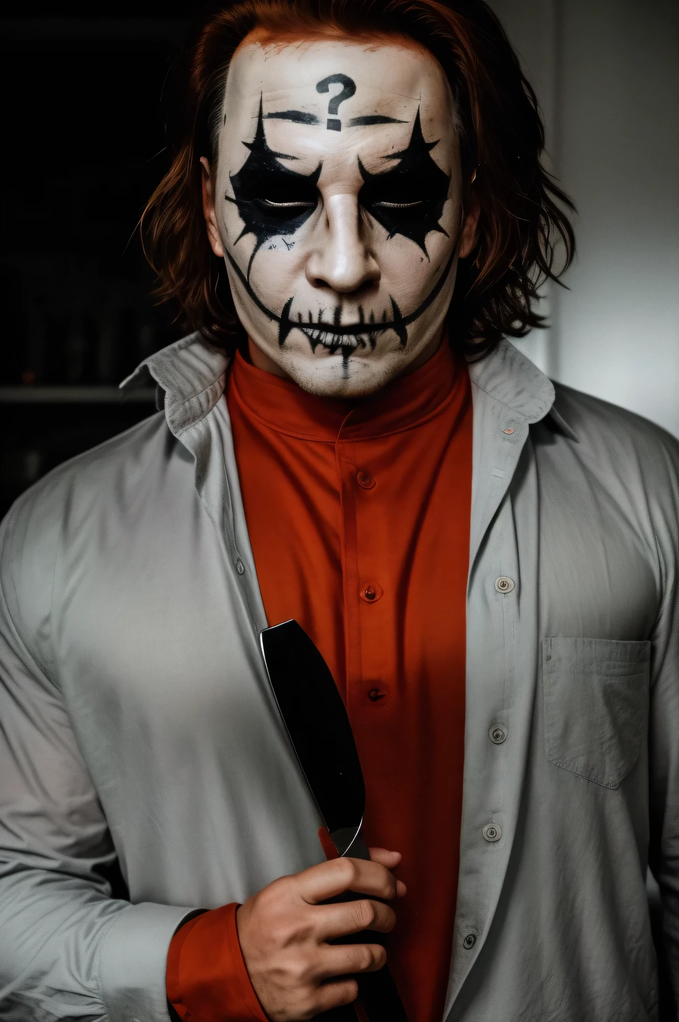 RAW photo, portrait of a man with knife, with a knife, (Michael Myers from movie Halloween), HWmakeup, (Halloween costume:1.1), autumn, Halloween, Halloween theme, Halloween colors, 8k uhd, dslr, soft lighting, high quality, film grain, Fujifilm XT3, (intricate details:0.9), (hdr, hyperdetailed:1.2), 