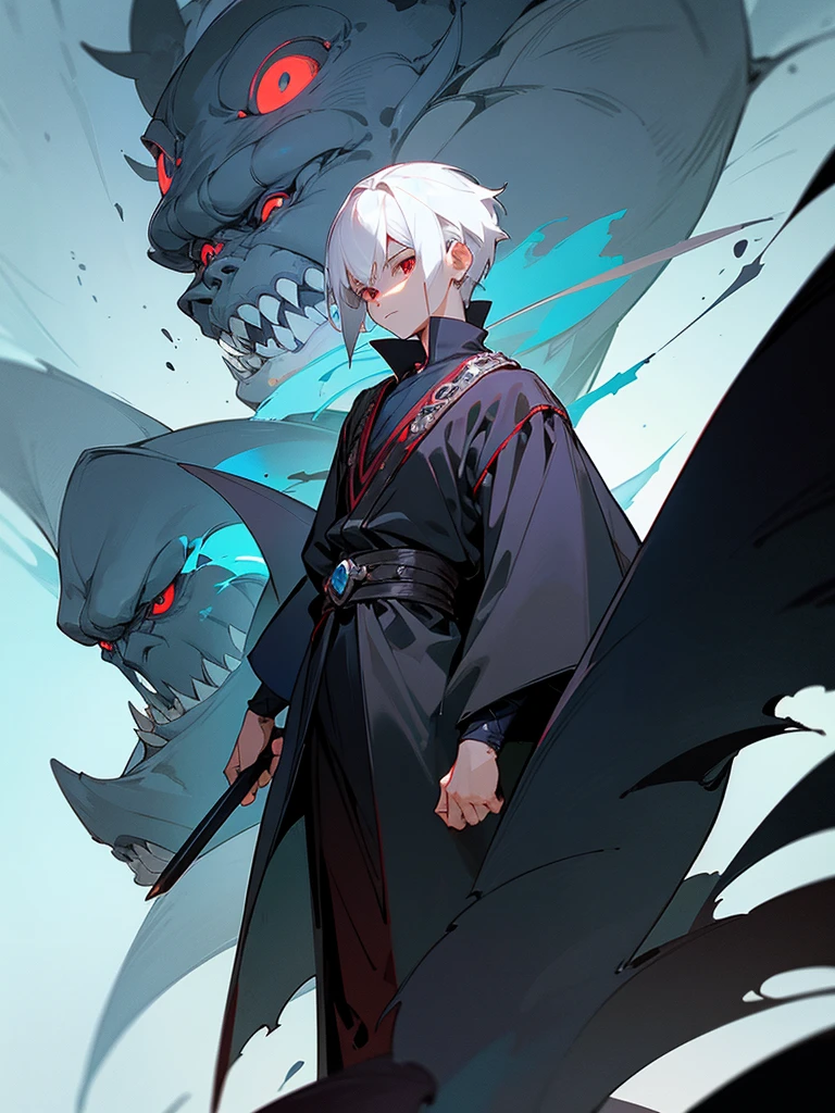 A front of a young man with short white hair, red eyes, masculine face. Wearing a black cloack with blue details. He is standing, looking to the side. On a center of a rpg scenario. Dungeons and Dragons art direction, studio ghibli Style