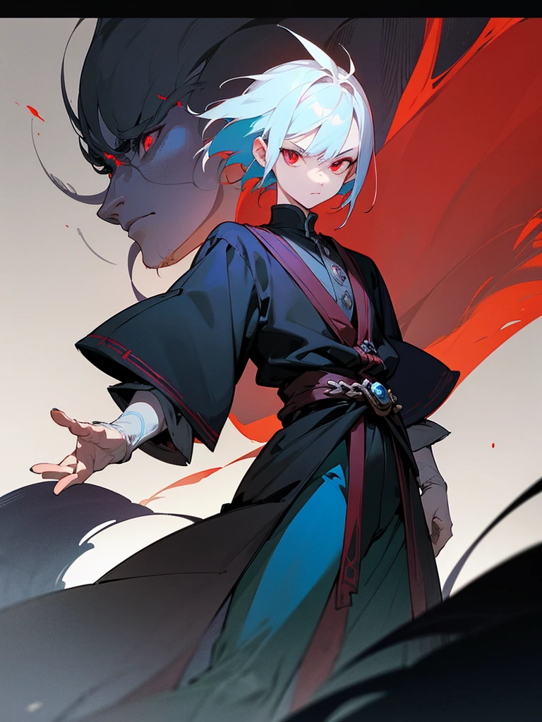 A front of a young man with short white hair, red eyes, masculine face. Wearing a black cloack with blue details. He is standing, looking to the side. On a center of a rpg scenario. Dungeons and Dragons art direction, studio ghibli Style