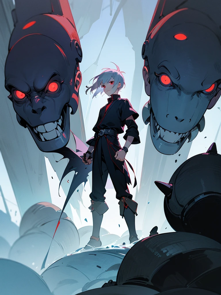 A front of a young man with short white hair, red eyes, masculine face. Wearing a black cloack with blue details. He is standing, looking to the side. On a center of a rpg scenario. Dungeons and Dragons art direction, studio ghibli Style