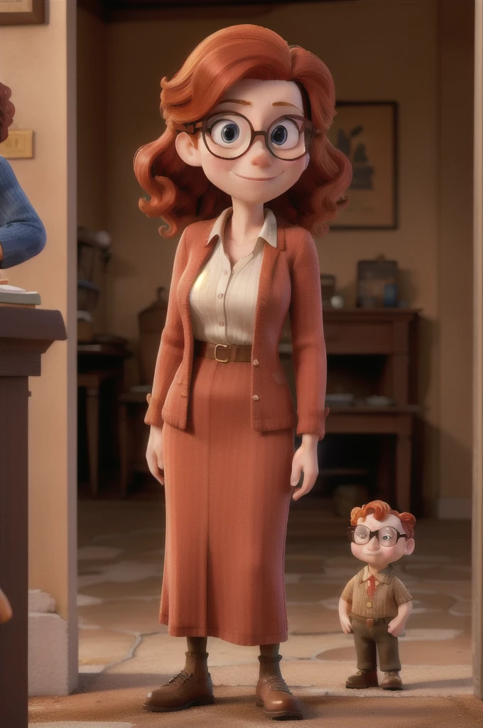 masterpiece, best quality, a ginger woman with glasses wearing a costar, standing in an Hollywood studios