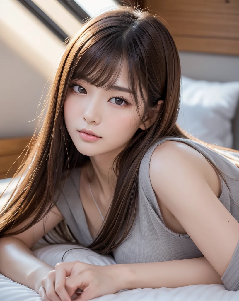 (Highest quality, 32k, High resolution, Masterpiece:1.5, ), marimo_jet, god々A photograph with brilliant dazzling and healing power., Evoking a sense of calm and elusive beauty, Expressing emotions, Have a rich imagination,Beautiful Japanese Girls, One person, ((Lying in bed:1.4)), An exceptionally beautiful face, Small Face Beauty, Perfect Human Anatomy, Motherhood and generosity, Deep Love, Innocent sleeping face, Close ~ eyes, Shiny brown hair, Intricately detailed long hair, Asymmetrical bangs, Hair between the eyes, Transparent, soft white skin, Sharp eyebrows, Thin lashes, Natural Makeup, Cheek highlighter, Pale pink detailed lips, , ((Grey camisole:1.2)), High resolutionの完璧な鎖骨, High resolutionの美しい胸元, Slim figure with ample breasts, High resolutionの美しい太もも, ((A bright room with morning sunlight streaming in:1.3)), ((White bed)), Professional Lighting, Professional photographer, Professional models, god秘的