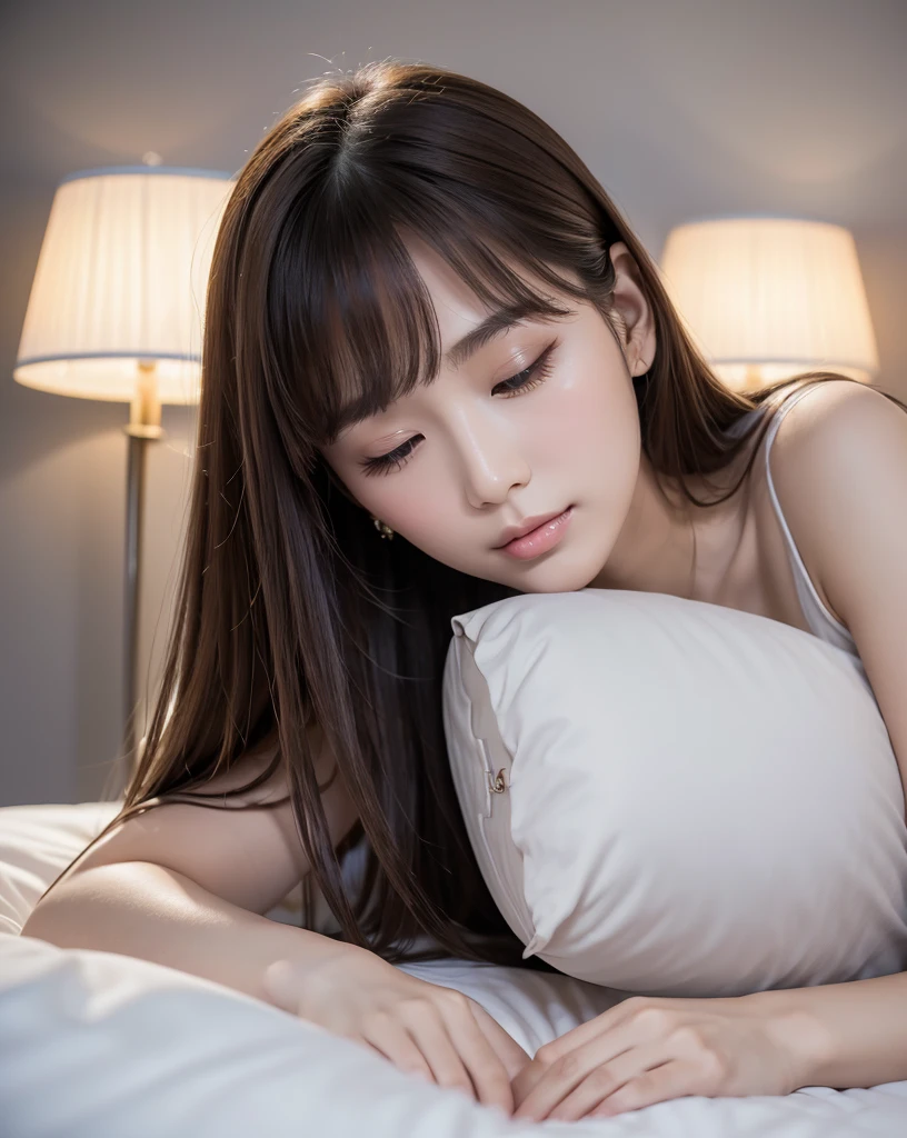 (Highest quality, 32k, High resolution, Masterpiece:1.5, ), marimo_jet, god々A photograph with brilliant dazzling and healing power., Evoking a sense of calm and elusive beauty, Expressing emotions, Have a rich imagination,Beautiful Japanese Girls, One person, ((Lying in bed:1.4)), An exceptionally beautiful face, Small Face Beauty, Perfect Human Anatomy, Motherhood and generosity, Deep Love, Innocent sleeping face, Close ~ eyes, Shiny brown hair, Intricately detailed long hair, Asymmetrical bangs, Hair between the eyes, Transparent, soft white skin, Sharp eyebrows, Thin lashes, Natural Makeup, Cheek highlighter, Pale pink detailed lips, , ((Grey camisole:1.2)), High resolutionの完璧な鎖骨, High resolutionの美しい胸元, Slim figure with ample breasts, High resolutionの美しい太もも, ((A bright room with morning sunlight streaming in:1.3)), ((White bed)), Professional Lighting, Professional photographer, Professional models, god秘的