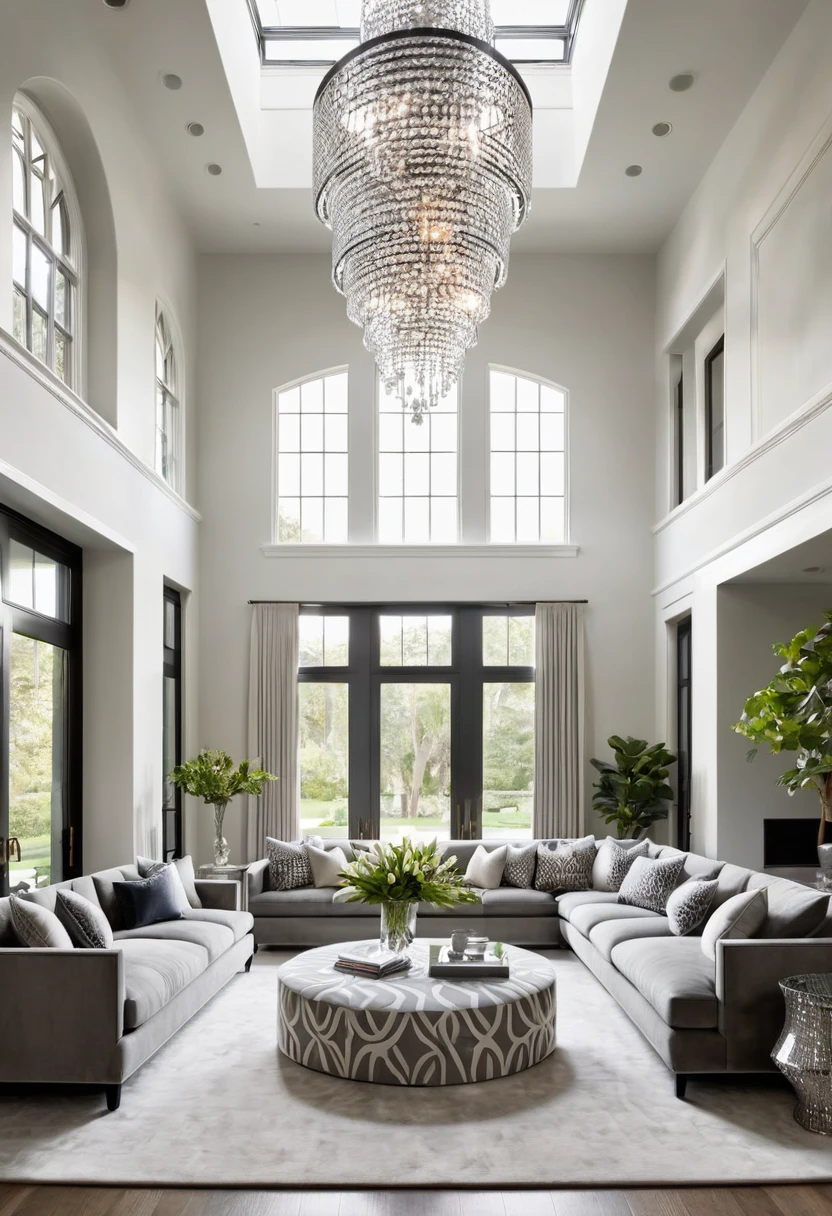 A modern living room, bathed in soft natural light, exudes an air of understated elegance. The plush gray sofas, adorned with subtle patterned cushions, invite relaxation, while the sleek, geometric coffee table and the dramatic, curved crystal chandelier add a touch of sophistication.