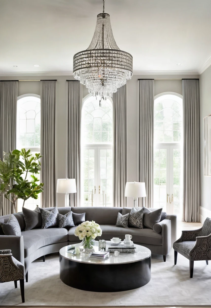 A modern living room, bathed in soft natural light, exudes an air of understated elegance. The plush gray sofas, adorned with subtle patterned cushions, invite relaxation, while the sleek, geometric coffee table and the dramatic, curved crystal chandelier add a touch of sophistication.