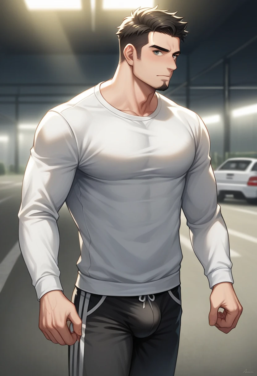 (high contrast,darkness),(masterpiece:1.3), (best quality:1.5), (high detail:1.5),closeup shot, (1man), (white [jacket]), black fade hair,([handsome:wide:distinctive]features), goatee,([wellbuilt:stocky:thick] body under clothing),detailed large eyes,jogging pants worn over large bulge, (bara:1.3),car garage background, male focus, male only,(ultra realistic [face|background|lighting]),shallow focus, deep depth of field, (soft Flecked Lighting, Variegated Shadows,Delicate Drapery Shadows), afternoon radiant backlighting, (chiaroscuro:1.3)