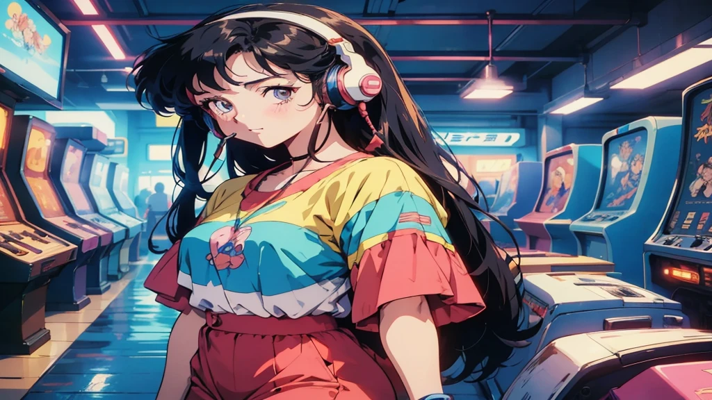 Retro arcade anime girl, 80年代のAnime atmosphere, 80s anime style, Retro Anime Girls, 1980's anime style, Retro anime images, Anime atmosphere, Playing games, Smoking、4k、Wearing headphones