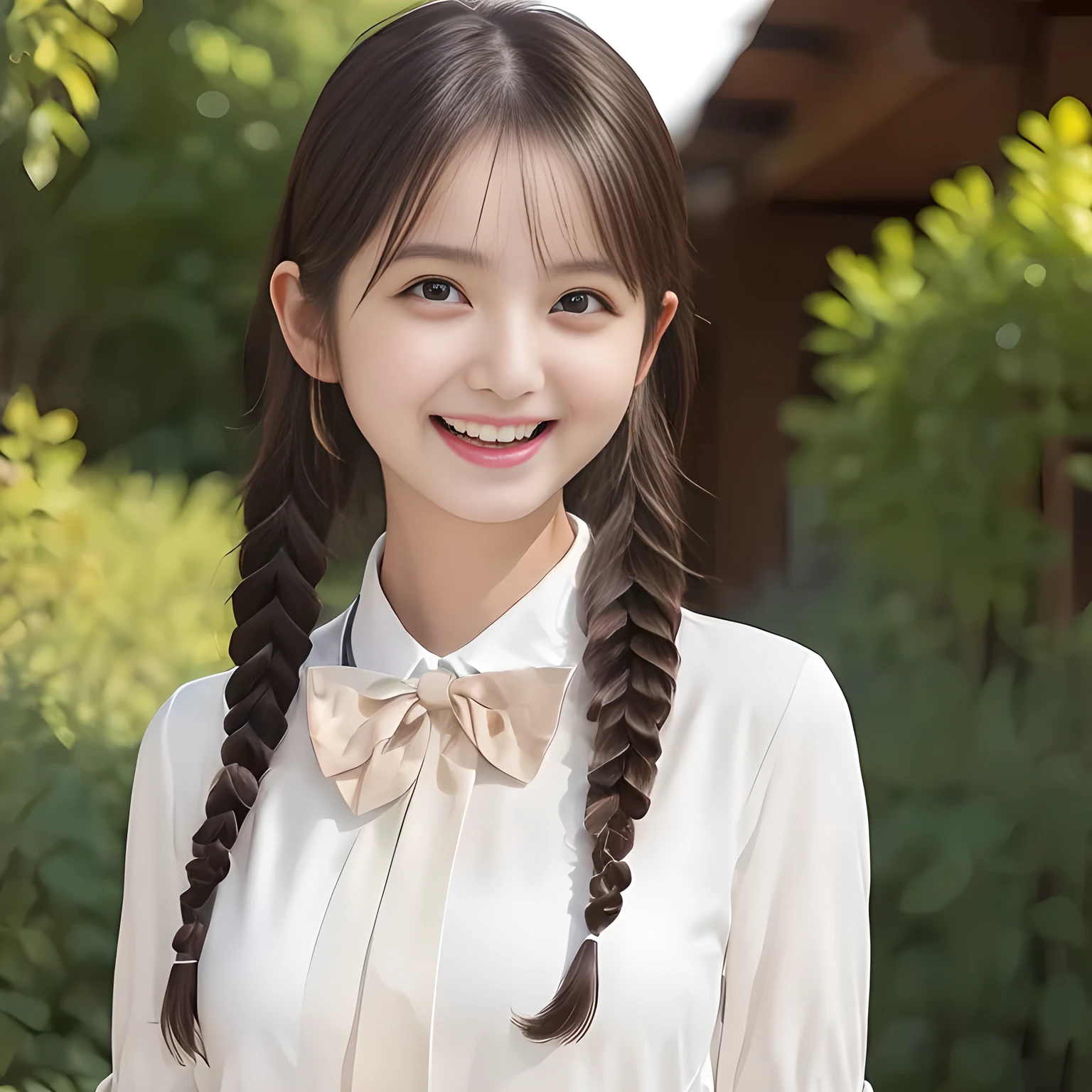 (highest quality, masterpiece:1.2), highest quality, High resolution, 1080P, 8K, Height: 158cm, ((A very intelligent, very noble, pretty and neat Japanese beautiful girl fashion model. Looking at the audience. Realistic fashion model)), ((((White face with plump cheeks)))), Glossy lips, (Evenly cut bangs), ((Very beautiful dark eyes)), The very large, shiny, wide red ribbon bow-tie on her chest is very cute., ((Black Hair)), ((long twin braids)), (((Cream colored blouse))), A neat uniform, Very lustrous, glossy lips, Open hand over open mouth, slender, Beautiful hair like a hair model, Cream colored long skirt, Watching the viewer and laughing, ((Incredibly well organized, The expression is rich. plump and beautiful skin and face)), ((Pure and clear eyes)), Long eyelashes, ((laughing at me!))