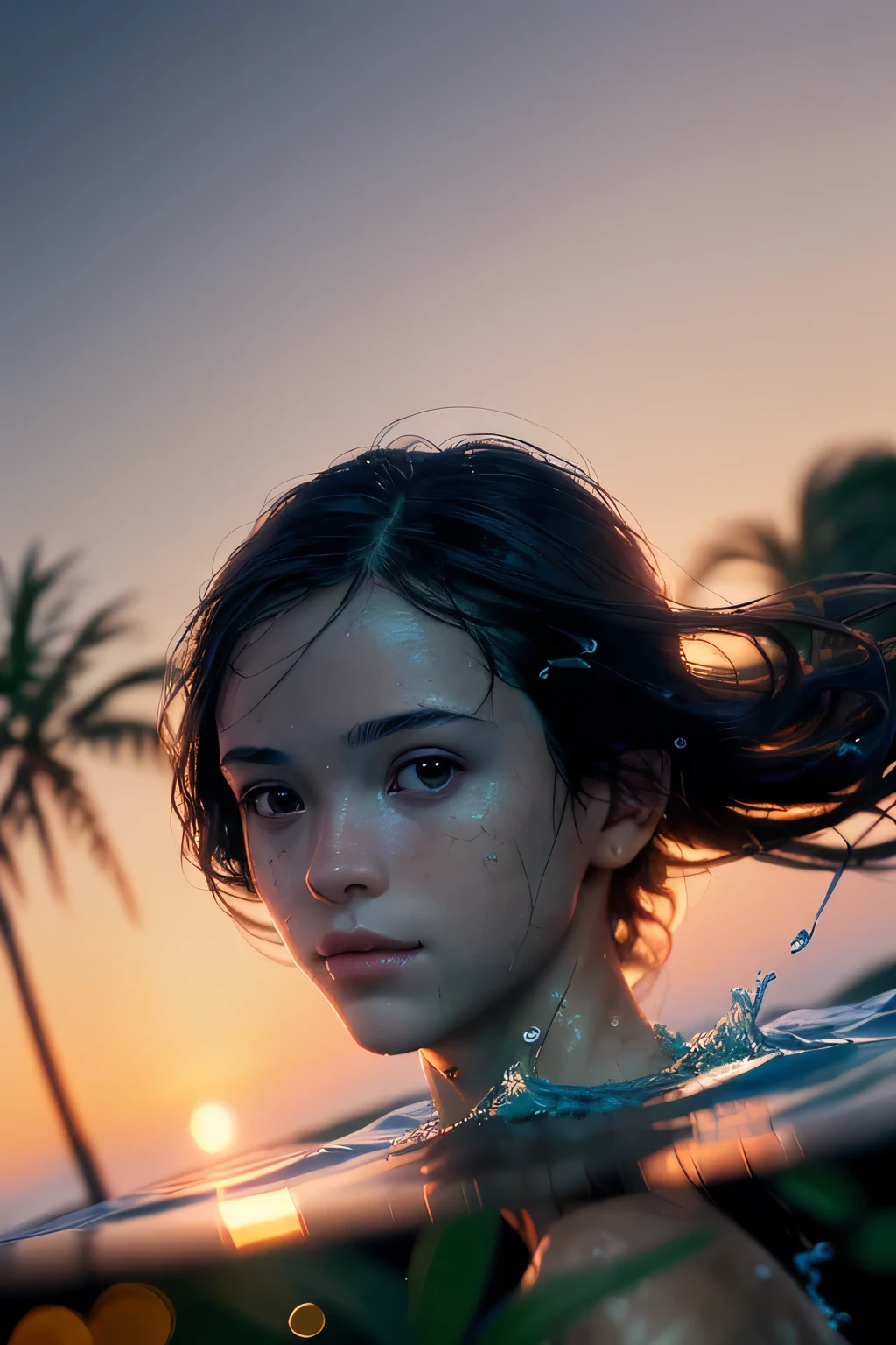 (masterpiece), (very complicated: 1.3), (realistic), portrait of a girl, swimming underwater, (dynamic perspective), the most beautiful in the world, (naked), reflection satin, outdoor, bright sun, distant plant group, stunning female professional photo details, sharp focus, dramatic, awards history, cinematic lighting, Octane Rendering Unreal Engine, dtx volumetry, (film grain, background blur shot, foreground blur, Bokeh, depth of written boundaries, sunset, motion blur: 1.3), (wet hair: 0.8),