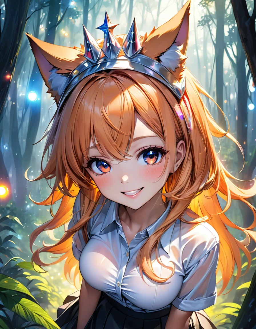 High angle view of an exuberant girl sexy big tits decote atraente Pamela Anderson com ASASAngel Black dark neon brilhantes, her espetado com gel cut orange hair adorned with shiny bangs and eyes sparkling with diamonds magic, smile revealing the joy of her soul, wearing a flannel shirt and skirt, her head crowned with playful wolf ears, standing amidst an enchantingly mystical forest, envision this scene as anime created in the style of a digital oil painting, lights gently seeping through the cinematic mist and splayed across this eth