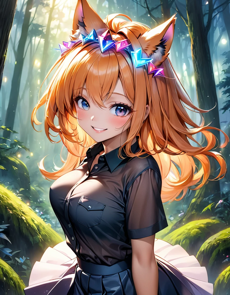 High angle view of an exuberant girl sexy big tits decote atraente Pamela Anderson com ASASAngel Black dark neon brilhantes, her espetado com gel cut orange hair adorned with shiny bangs and eyes sparkling with diamonds magic, smile revealing the joy of her soul, wearing a flannel shirt and skirt, her head crowned with playful wolf ears, standing amidst an enchantingly mystical forest, envision this scene as anime created in the style of a digital oil painting, lights gently seeping through the cinematic mist and splayed across this eth