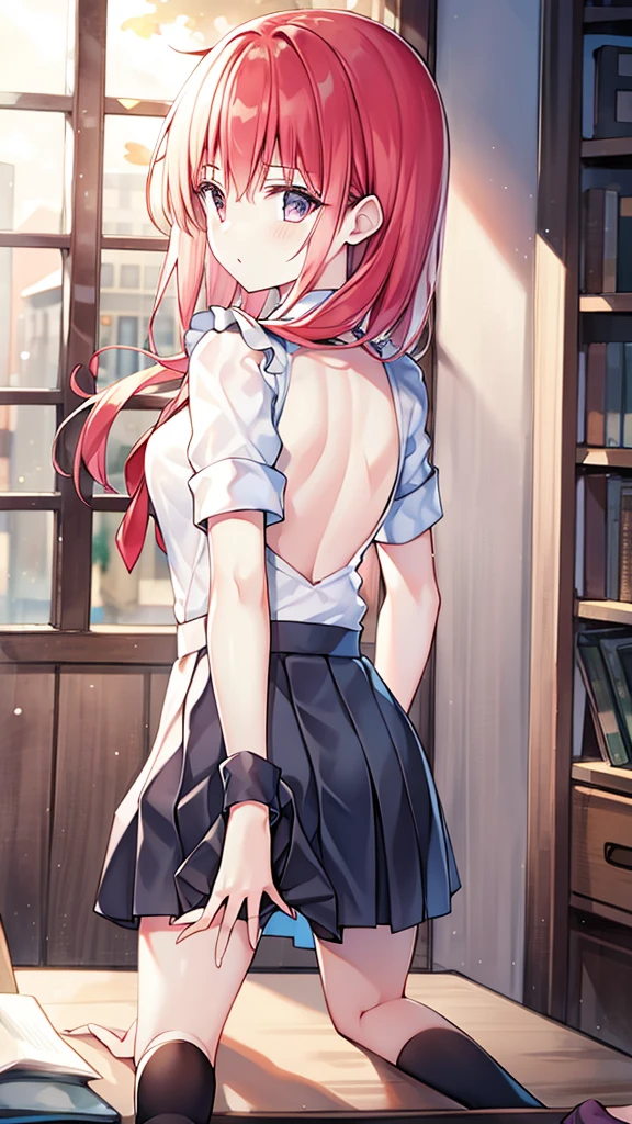 1 Girl, , Lonely, lift your legs, Long 髪, skirt, Red hair、Fujisaki, clock_Please step back, clock_Placement_Peeking at the audience, With bangs, black_lift your legs, Blushed, black_skirt, He is himself, short_sleeve, clothing_lift, wrist_cuff, decorate, skirt_lift, not a big deal_, lifted_past_Manifest yourself, Translucent liquid_Placement the back, Maid, fluffy_short_sleeve, Side Lock, fluffy_sleeve, crop_superior, dull_With bangs, , awaGo outh, not a big deal腿, black_Eyes, c Hair, Kneel, frills_skirt, _Go out, Placement indoors, window,