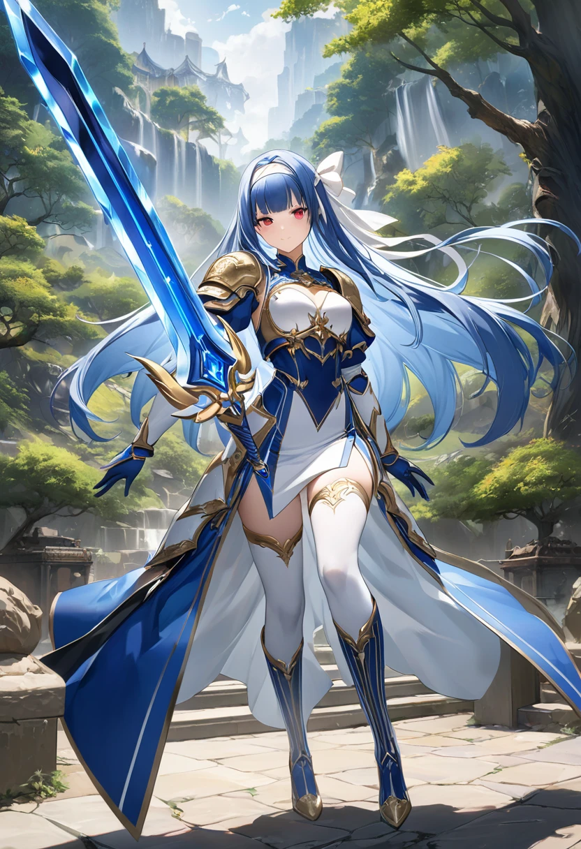 Highest quality、unity 8k wallpaper、32k、masterpiece、Very detailed、Ultra-high resolution、Very detailedな顔, RAW Photos, Professional, Ultra-fine painting,　Blue long straight hair、Blue and silver headband、Red Eyes、(Tree Eyes), Cool and sharp features, Hime cut, 20～A female magical warrior, about 24 years old.、White and gold breastplate、Blue and white leotard、Blue and white gold-embellished pencil skirt with side armor and long slits、Half puff sleeves with shoulder pads、A large white ribbon with a large sapphire on the chest、White and blue long gloves、White and blue thigh-high stiletto boots、whole body、Wields a sword with a glowing blue blade