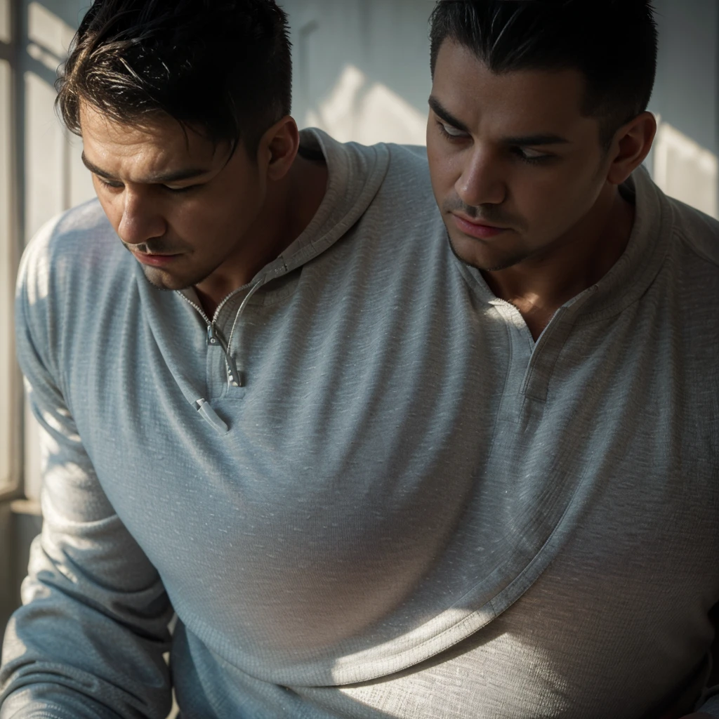 (high contrast,darkness),(masterpiece:1.3), (best quality:1.5), (high detail:1.5),closeup shot, (1man), (white [jacket]), black fade hair,([handsome:wide:distinctive]features), goatee,([wellbuilt:stocky:thick] body under clothing),detailed large eyes,jogging pants worn over large bulge, (bara:1.3),car garage background, male focus, male only,(ultra realistic [face|background|lighting]),shallow focus, deep depth of field, (soft Flecked Lighting, Variegated Shadows,Delicate Drapery Shadows), afternoon radiant backlighting, (chiaroscuro:1.3)