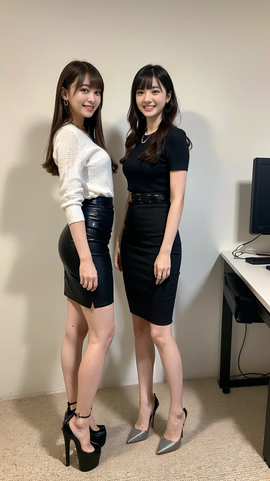 (Highest quality, masterpiece, Photo Real, Super detailed, Ultra-high resolution, born:1.3), (Two Girls), beautiful, Japanese, mature, 28 years old, (Pencil Skirt), (smile), Long Hair, bangs, high waist, necklace, office, (Long legs, High heels, whole body:1.2),(Top view:1.2)