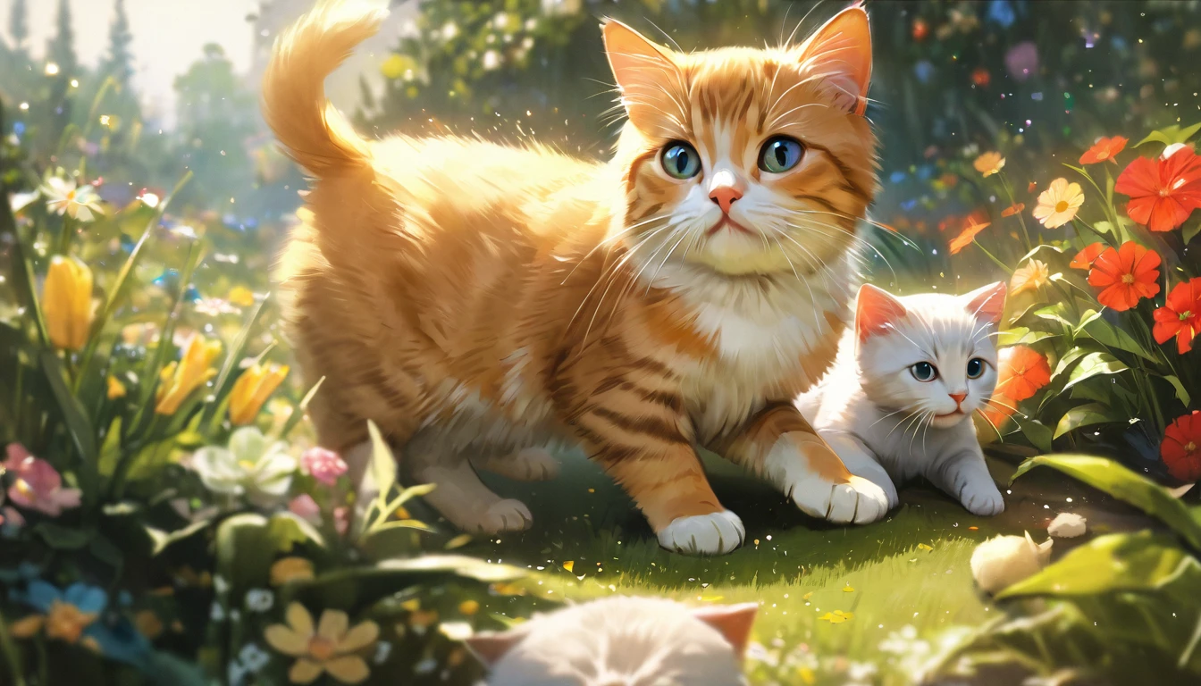 garden, Cute kitten,Blur the background,Glitter effect,Highest quality, 8K, High resolution, masterpiece:1.2, Very detailed, Realistic:1.37, High resolution, 超High resolution, Ultra-fine painting, Very detailed, Professional, Vibrant colors