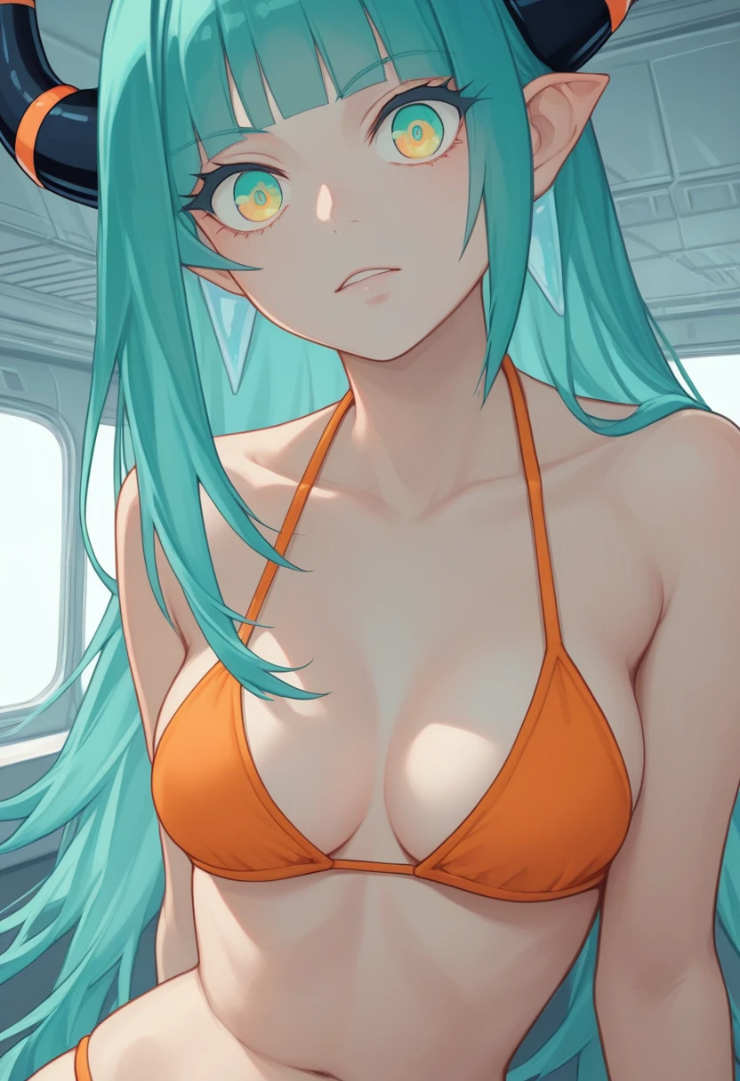 score_9, score_8_up, score_7_up,1 daemon woman, black  demon horns, black demon tail, (aquamarine hair),aquamarine green color hair,ahoge, long hair, (long hair),bangs, light orange ,  is orange,  orange, orange !, (aquamarine eyes), background is spaceship, aquamarine eyes, 1woman ,facing viewer, daemon girl,  close up,Well-endowed, alone, Spacecraft interior
