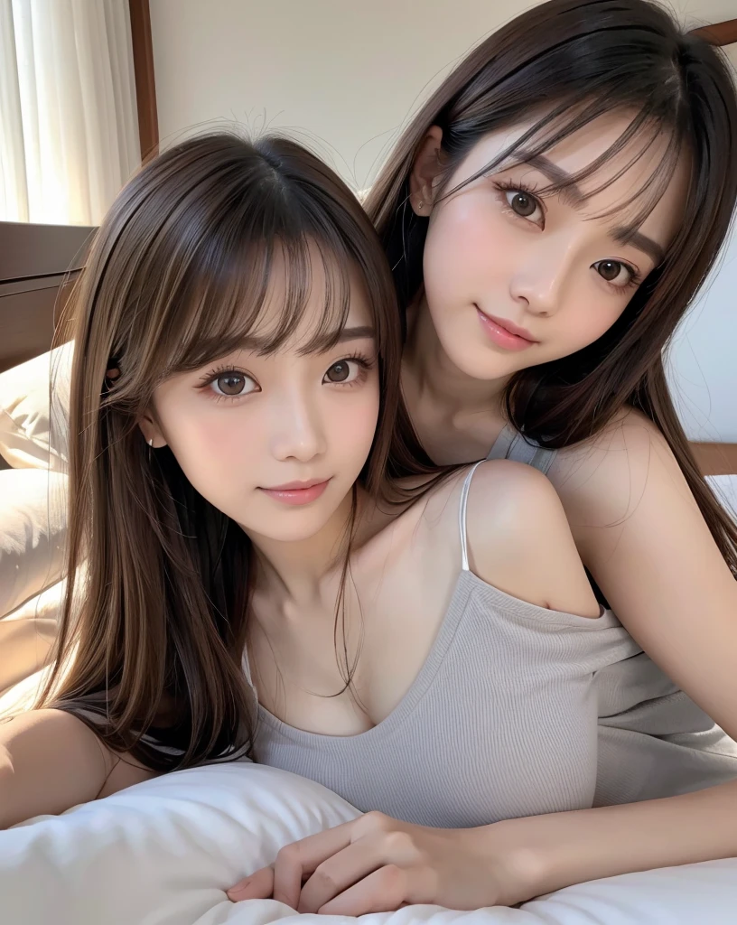 (Highest quality, 32k, High resolution, Masterpiece:1.5, ), marimo_jet, god々A photograph with brilliant dazzling and healing power., Evoking a sense of calm and elusive beauty, Expressing emotions, Have a rich imagination,Beautiful Japanese Girls, One person, ((Lying in bed:1.4)), An exceptionally beautiful face, Small Face Beauty, Perfect Human Anatomy, Motherhood and generosity, Deep Love, Innocent sleeping face, Close ~ eyes, Shiny brown hair, Intricately detailed long hair, Asymmetrical bangs, Hair between the eyes, Transparent, soft white skin, Sharp eyebrows, Thin lashes, Natural Makeup, Cheek highlighter, Pale pink detailed lips, , ((Grey camisole:1.2)), High resolutionの完璧な鎖骨, High resolutionの美しい胸元, Slim figure with ample breasts, High resolutionの美しい太もも, ((A bright room with morning sunlight streaming in:1.3)), ((White bed:1.3)), Professional Lighting, Professional photographer, Professional models, god秘的