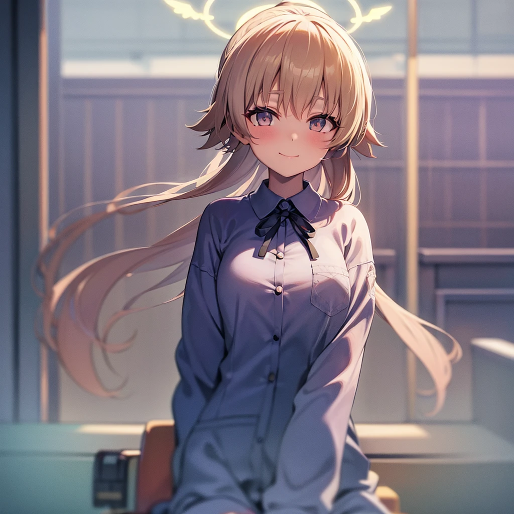 1 girl, masterpiece, best quality, Amazing, beautiful detailed eyes, finely detailed, depth of field, extremely detailed CG unity 8k wallpaper, full body, Hifumi (Blue Archive), halo, Default Clothes, Classroom, smile ,blush, wind, teenage, Looking at viewer, sitting, window.