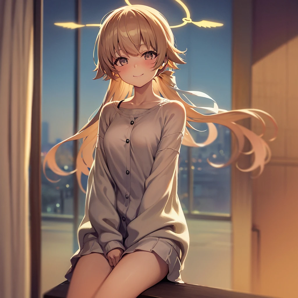 1 girl, masterpiece, best quality, Amazing, beautiful detailed eyes, finely detailed, depth of field, extremely detailed CG unity 8k wallpaper, full body, Hifumi (Blue Archive), halo, Default Clothes, Classroom, smile ,blush, wind, teenage, Looking at viewer, sitting, window.