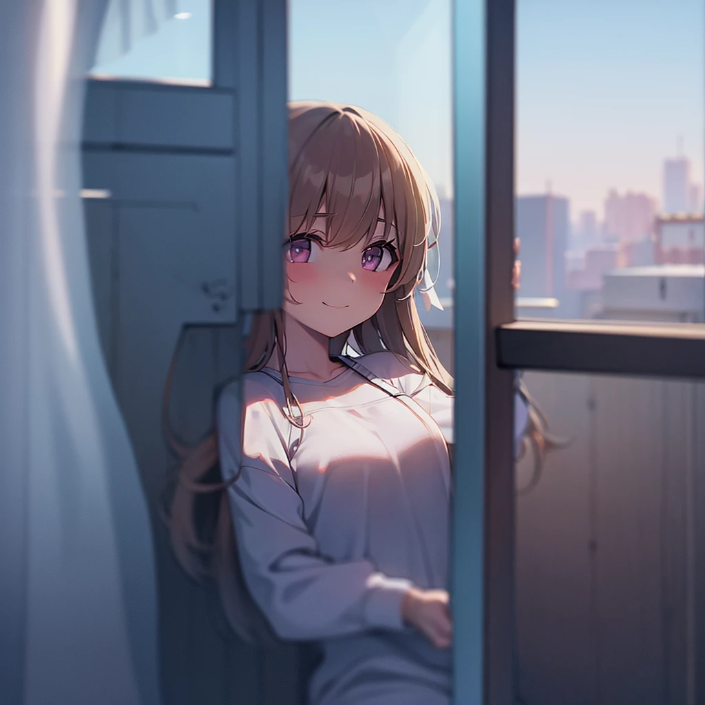 1 girl, masterpiece, best quality, Amazing, beautiful detailed eyes, finely detailed, depth of field, extremely detailed CG unity 8k wallpaper, full body, Hifumi (Blue Archive), halo, Default Clothes, Classroom, smile ,blush, wind, age, Looking at viewer, sitting, window.