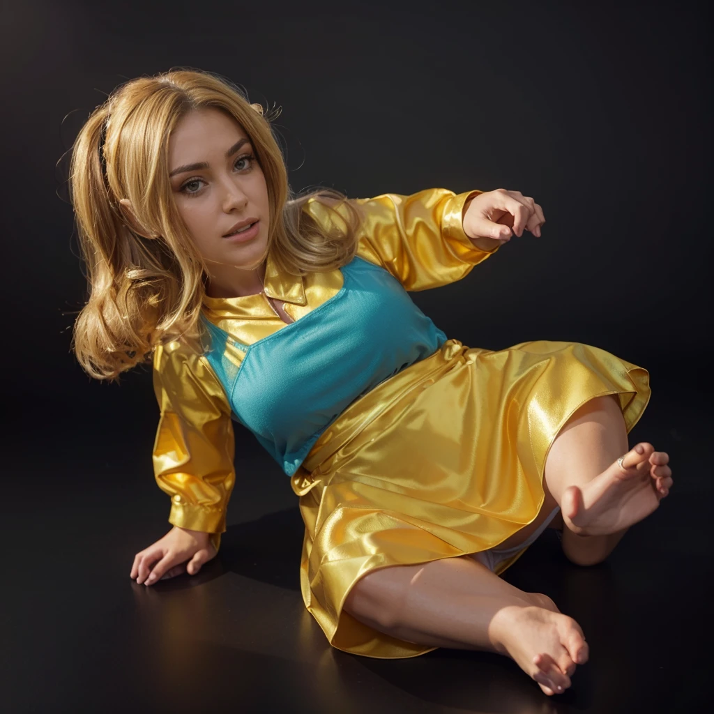 The image shows a 3D animated character, a baby girl with blonde hair, wearing a yellow dress and a red skirt, sitting on the floor, smooth 3d model, glossy plastic texture, multiple light sources, rim light, sharp post effects render, most beautiful vfx, , realistic, 4k, high resolution, rim light, smooth 3d model. , glossy texture, smooth 3d model, multiple light sources, rim light, sharp post effects render, (glossy plastic texture with multiple big light probe refractions), perfect cgi, reflective, best quality, 4k, masterpiece:1.2, ultra-detailed, realistic, vivid colors, The image of the highest quality, ensuring every detail showcased perfectly. It in 4k resolution, allowing viewers to immerse themselves in the richness of the colors and intricate details. The realistic rendering. under the spotlight, reflecting, high-resolution image, realistic rendering