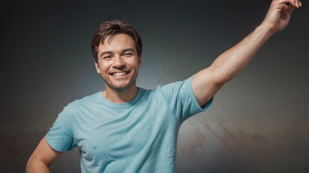 Make a thumbnail for YouTube for Christian church. handsome man, ator de hoolywood crus pinne, 30years, gray t-shirt. It is on the right side of the image, steady look, ssmile, showing teeth, very cheerful, super alegre, buzzing with joy. looking forward and standing still. Man is surprised, glad. Leave the left side of the image empty. Photo ISO 700, 18-55mm f/3.5G VR, nikon d5000 21 megapixel image. ((Chroma key background)). ((Imagem para Thumbnail)).