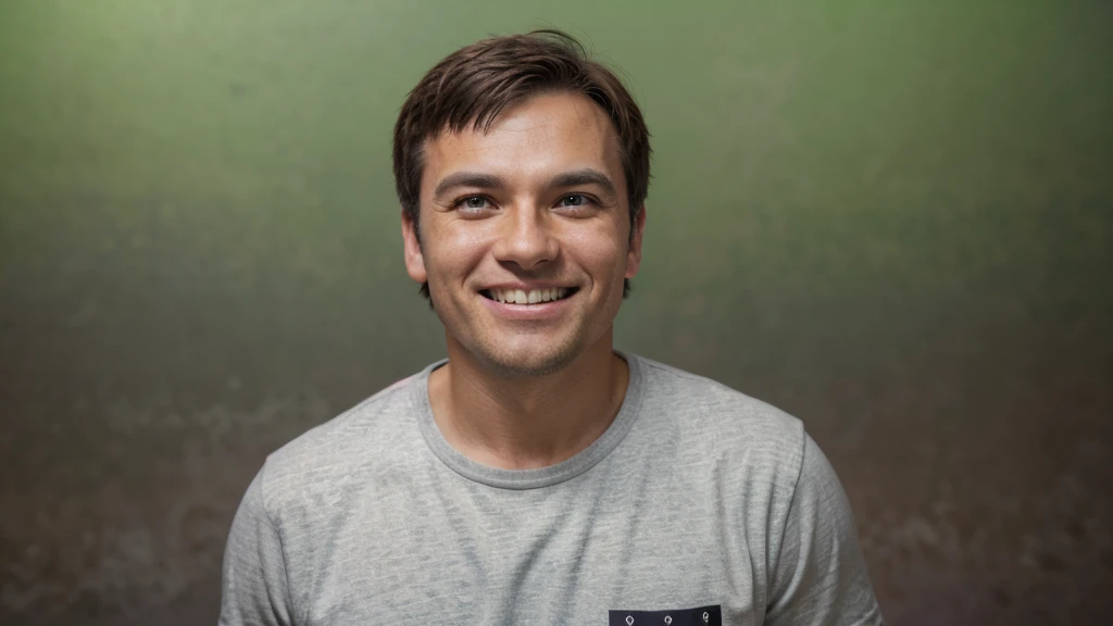 Make a thumbnail for YouTube for Christian church. handsome man, ator de hoolywood crus pinne, 30years, gray t-shirt. It is on the right side of the image, steady look, ssmile, showing teeth, very cheerful, super alegre, buzzing with joy. looking forward and standing still. Man is surprised, glad. Leave the left side of the image empty. Photo ISO 700, 18-55mm f/3.5G VR, nikon d5000 21 megapixel image. ((Chroma key background)). ((Imagem para Thumbnail)).