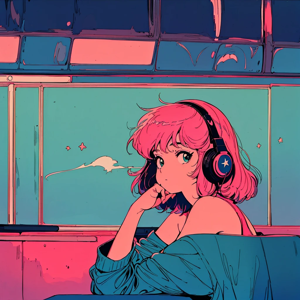 City pop style art, shoulder-length pink hair, fluffy bob cut, Wearing headphones, Futuristic yet lo-fi, Retro, masterpiece, (( Side Shot)), Sit at a desk and concentrate on studying, Laptop and coffee on the desk, (( Midnight )), There are many stars outside the window) (( Look down ))Smoking a cigarette、4k