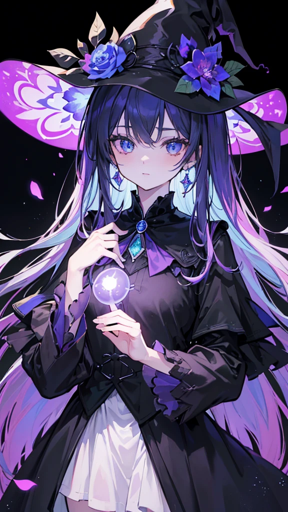 ((🧙‍♀️)), (black hat),{{{{Masterpiece}}}}, {{{Very detailed}}}, {{{High resolution}}}, {{Excellent anatomy}}, (((Top quality))), ((( very delicate and beautiful)), {{very detailed and delicate}}, {{illustration}},Happy magic, magic effects, magic circles, gradations,glowify,1girl, jewelry, 8k, beautiful, darkness, shining brightly, scare, flower,OuterWorldAI
