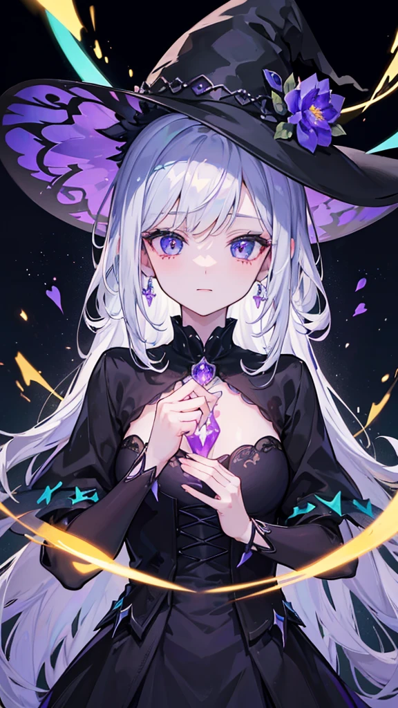 ((🧙♀️)), (black hat),{{{{Masterpiece}}}}, {{{Very detailed}}}, {{{High resolution}}}, {{Excellent anatomy}}, (((Top quality))), ((( very delicate and beautiful)), {{very detailed and delicate}}, {{illustration}},Happy magic, magic effects, magic circles, gradations,glowify,1girl, jewelry, 8k, beautiful, darkness, shining brightly, scare, flower,OuterWorldAI