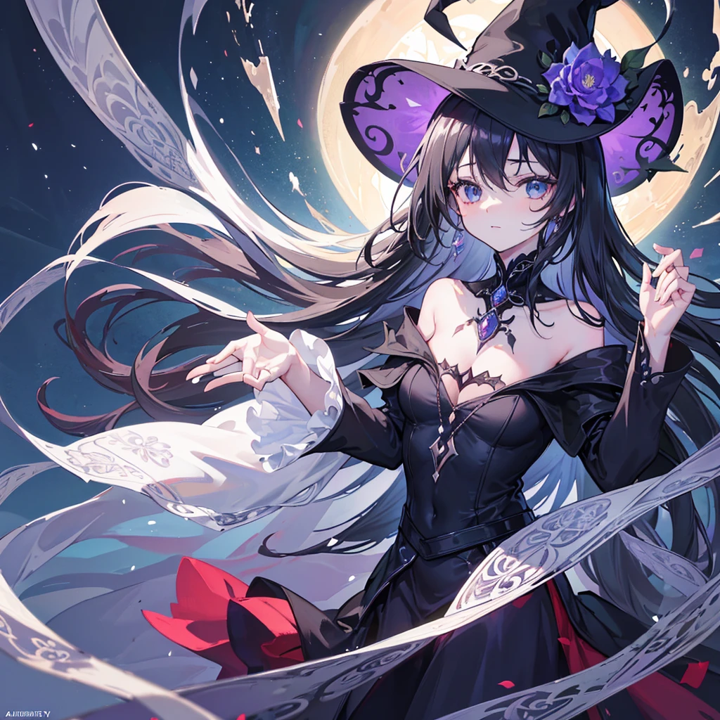 ((🧙‍♀️)), (black hat),{{{{Masterpiece}}}}, {{{Very detailed}}}, {{{High resolution}}}, {{Excellent ???????}}, (((Top quality))), ((( very delicate and beautiful)), {{very detailed and delicate}}, {{illustration}},Happy magic, magic effects, magic circles, gradations,glowify,1girl, jewelry, 8k, beautiful, darkness, shining brightly, scare, flower,OuterWorldAI
