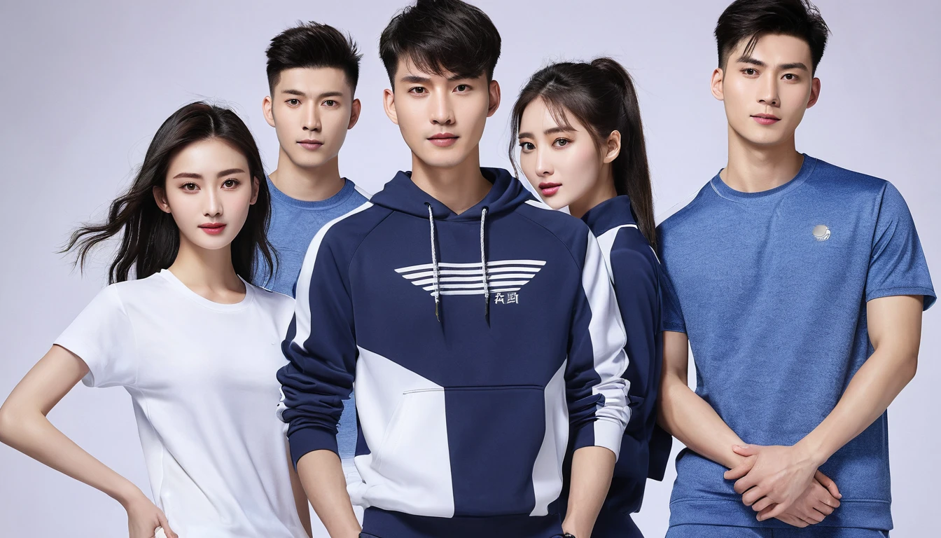 Young Chinese men and women wearing casual sportswear from famous brands。RAW photos,Best quality,(reality,照⽚reality感:1.3),masterpiece,Extremely exquisite and beautiful,High resolution,Original,Perfect lighting,(Extremely detailed CG:1.2),Unification,2k wallpaper,Amazing,Fine and fine