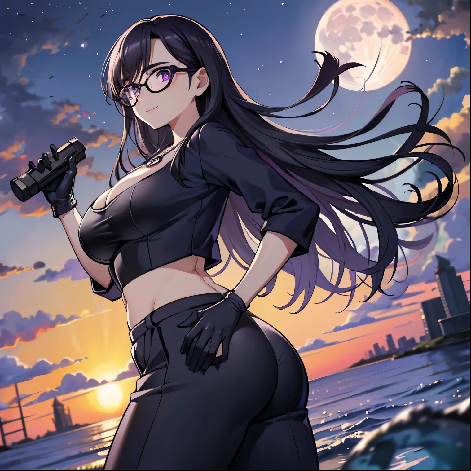 ((1 girl)), ((solo)), hizuru minakata, masterpiece, ultra detailed background, detailed, sharp focus, curvy body, looking at viewer, perfect fingers, mature woman, cowboy photo, dynamic pose, hair long, black hair, black glasses, purple eyes, smiling, seductive, standing,((outdoor, night, beach, sea, standing, moon, city lights)),((Necklace with a cross, cutout) navel, exposed navel, cleavage, long sleeves, jumpsuit, unzip dark purple jumpsuit, dark purple gloves, smile, holding gun, gun, gun, )), large breasts, medium waist, medium hips, wide thighs, butt round, ((solo)), looking back, from behind, ((focus on ass), pov (from below), perfect anatomy, perfect hands